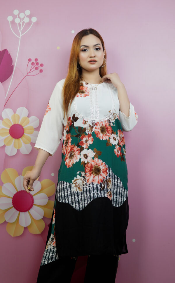 Embroidery Two Piece | Floral Print Long Kurti with Pant