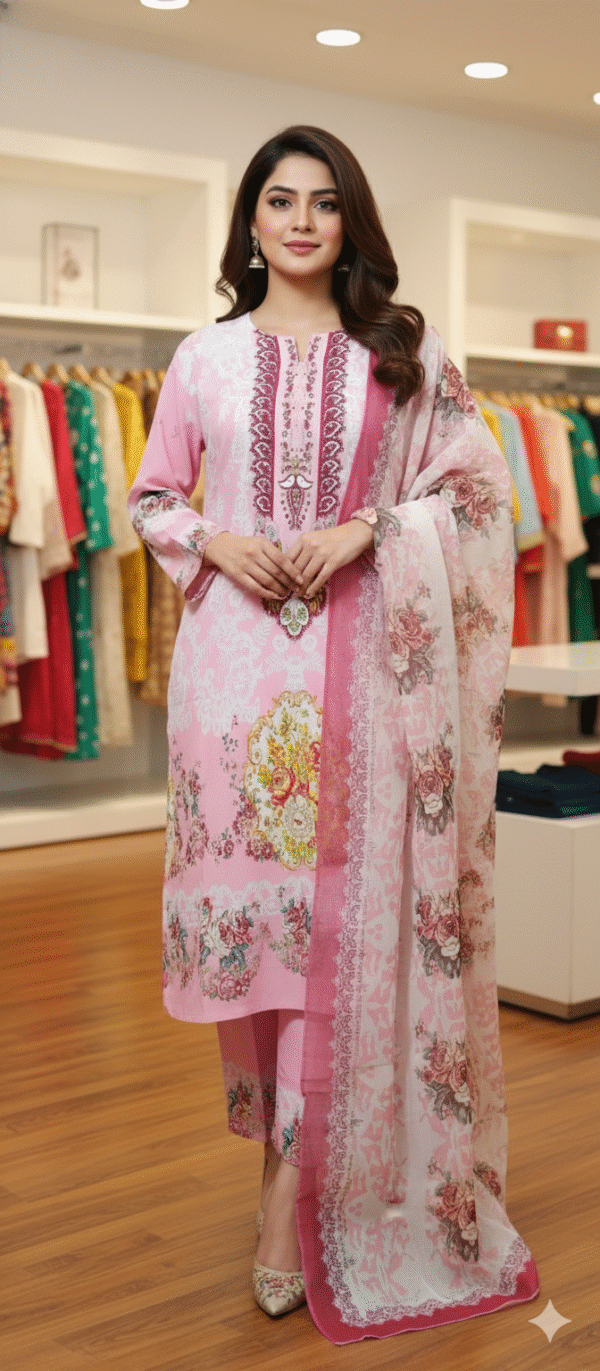 Blush Elegance Pink Three-Piece | Pakistani Lon Three Piece