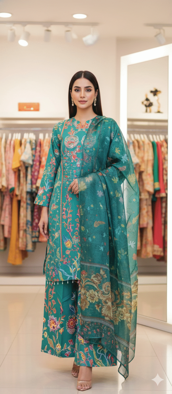 পাকিস্তানী এমব্রয়ডারি থ্রি পিছ  |  এমেরাল্ড গ্রিন প্রিন্টেড